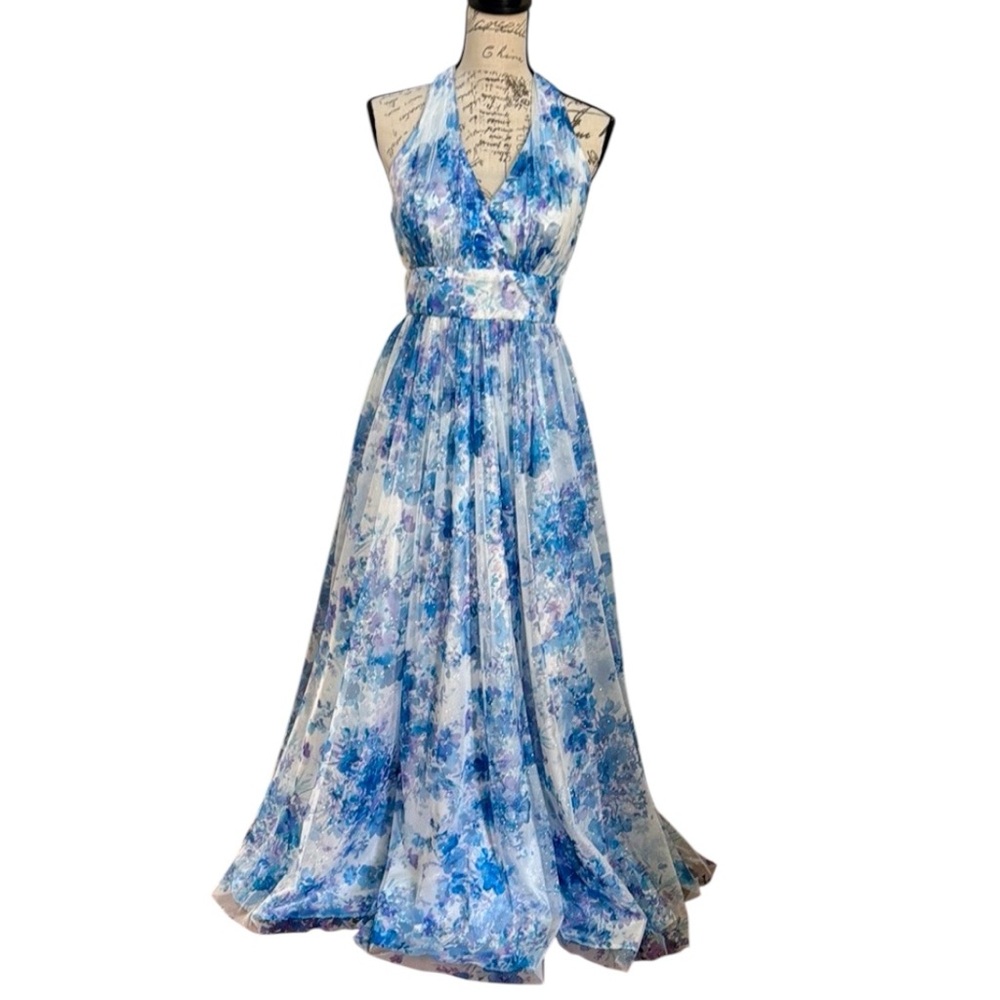 Prom! Elegant Blue Floral Halter Dress - Summer Weddings, Special Occasion